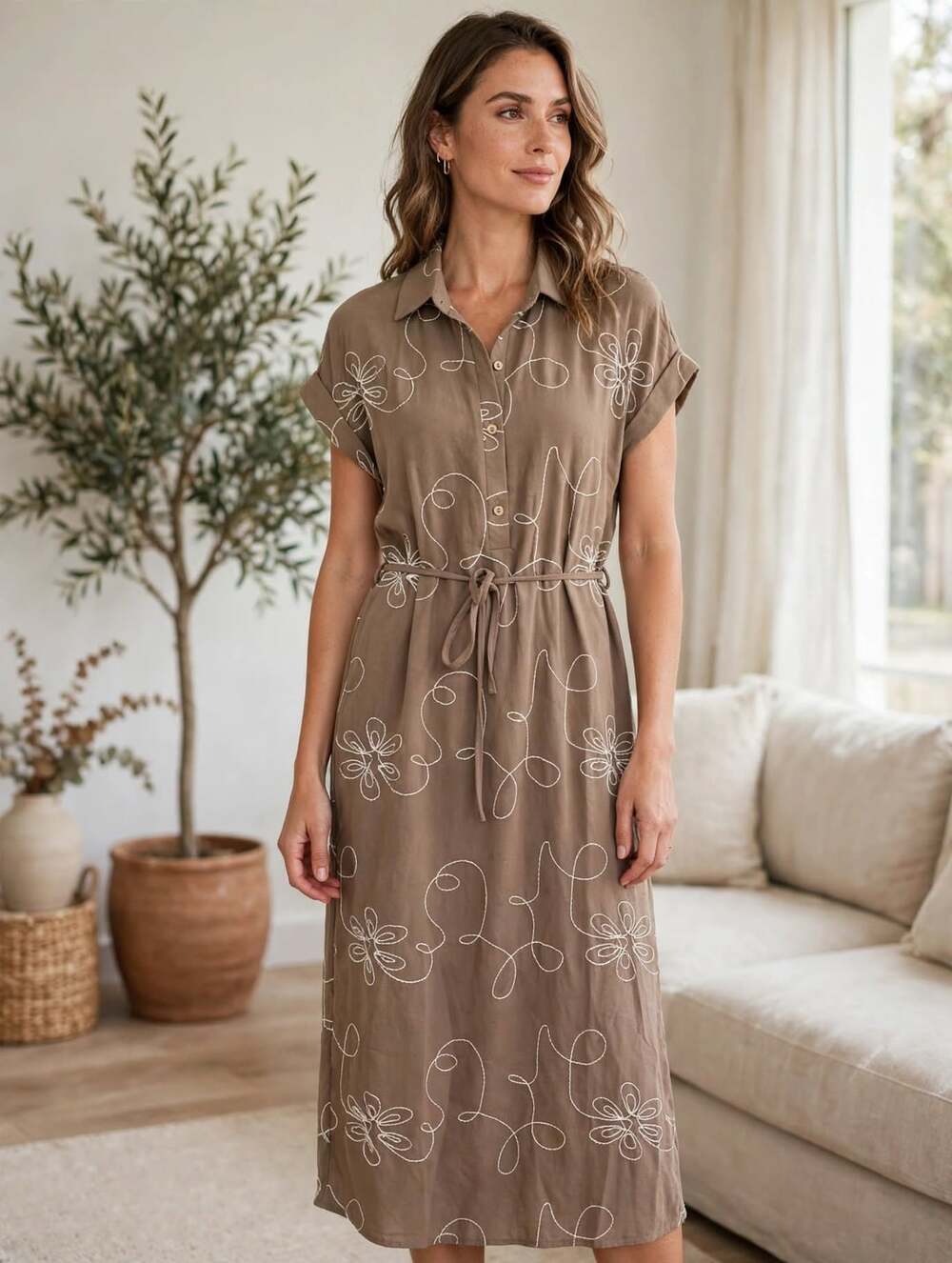 Kindred Size Small Brown Embroidered Floral Shirt Dress Belted Midi